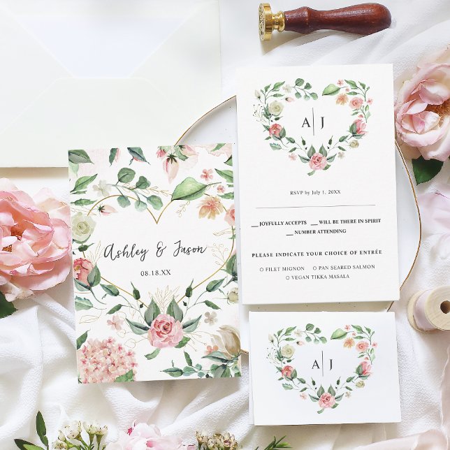Monogram | Botanical Floral Heart Wedding RSVP Announcement (Creator Uploaded)