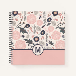 Monogram Botanical Floral Pattern Pink Grey Notebook