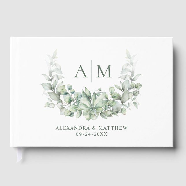 Monogram Botanical Greenery Elegant Wedding Guest Book (Front)