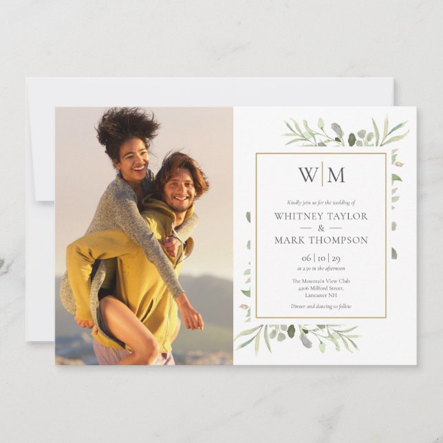 Monogram Botanical Greenery Photo Wedding Invitation (Front)