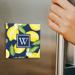 Monogram Botanical Lemon Navy Blue Magnet<br><div class="desc">Botanical watercolor lemon pattern features a navy blue square monogram.</div>