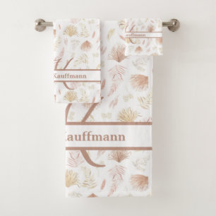 Monogram Botanical Rose Gold Neutral Terracotta Bath Towel Set