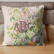 Monogram Botanical Vintage Flowers Pink and Green