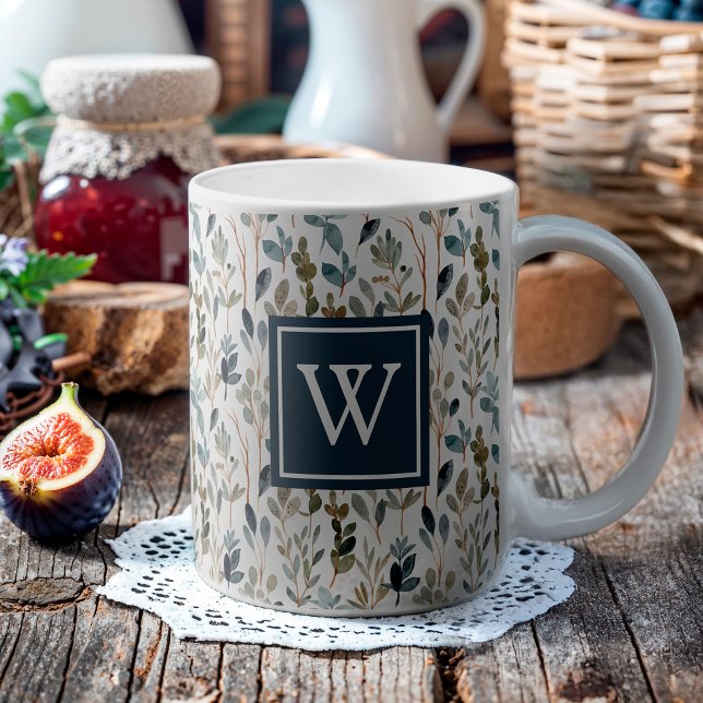 Monogram Botanical Watercolor Greenery Coffee Mug (This mug features a winter-inspired botanical floral with a monogram square navy.)