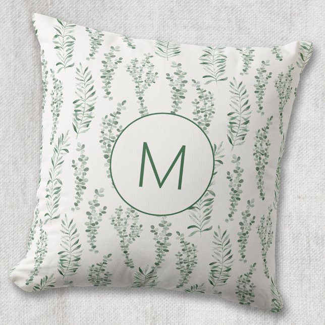 Monogram Botanical Watercolor Greenery Leaves Cushion (Creator Uploaded)