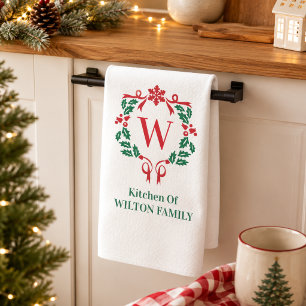 Monogram Botanical Wreath Christmas Family Name Tea Towel