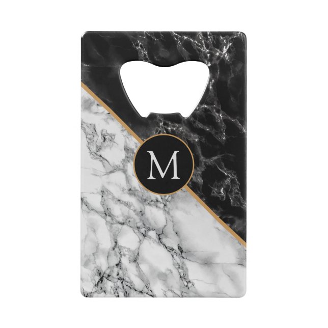 Monogram Bottle Opener Black White Marble Stone (Front)