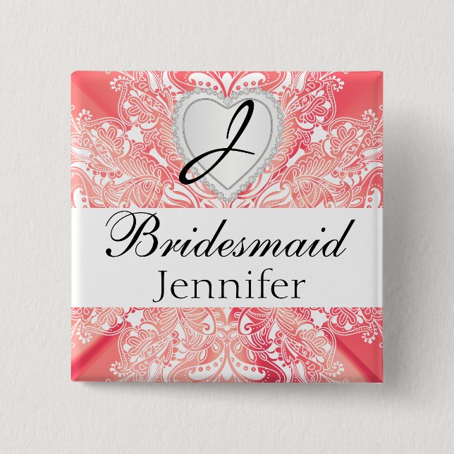 Monogram Bridal Party Coral Satin Design 15 Cm Square Badge (Front)