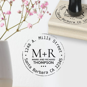 monogram, bride groom names, surname with address rubber stamp