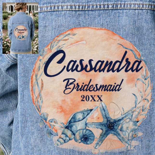 Monogram Bridesmaid Watercolor Shells Starfish Denim Jacket (Creator Uploaded)