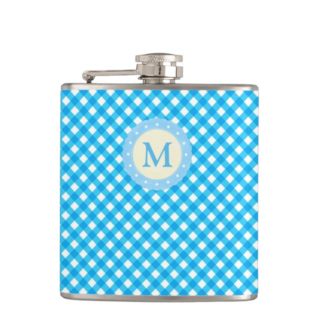 Monogram Bright Blue Gingham Pattern Hip Flask (Front)