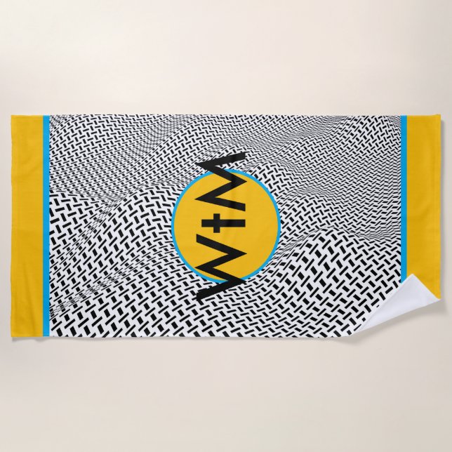 Monogram Bright Gold-Bold Blue Op Art Beach Towel (Front)
