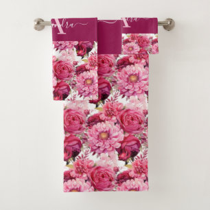 Monogram Bright Pink Floral Elegant Towel Set