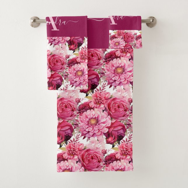 Monogram Bright Pink Floral Elegant Towel Set (Insitu)