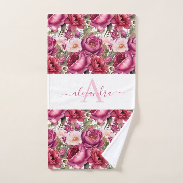Monogram Bright Pink Floral Elegant Towel Set (Hand Towel)