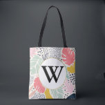 Monogram Bright Summee Tropical Collage Pattern Tote Bag<br><div class="desc">A summer inspired tropical print. cheese plant leaves and exotic flowers mixed with spots and geo shapes. The pastel greens, pink and bright corals and mustard were inspired by 70's Polaroid colours.</div>