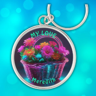 Monogram Brightly Coloured Flowers in a Basket   Key Ring