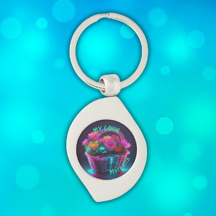 Monogram Brightly Coloured Flowers in a Basket Key Ring