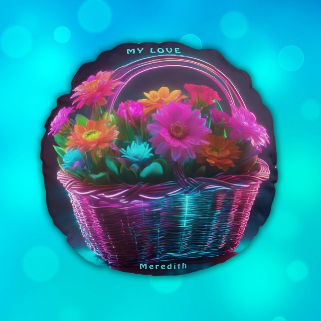 Monogram Brightly Coloured Flowers in a Basket | Round Cushion (Creator Uploaded)