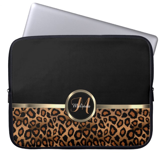 Monogram Brown and Black Leopard with Gold Accents Laptop Sleeve (Front)