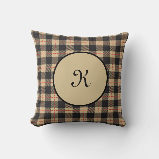 Monogram Brown Black Red Buffalo Plaid Cushion (Front)