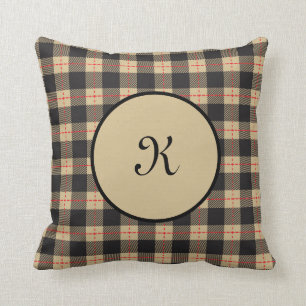 Monogram Brown Black Red Buffalo Plaid Cushion