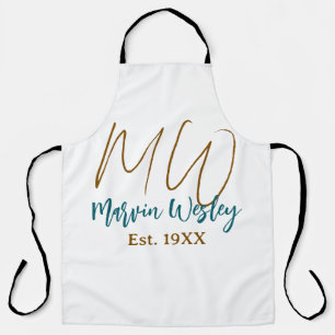 Monogram brown blue turquoise est.year simple mini apron