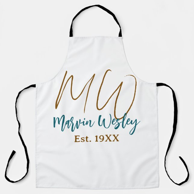Monogram brown blue turquoise est.year simple mini apron (Front)