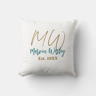 Monogram brown blue turquoise est.year simple mini cushion