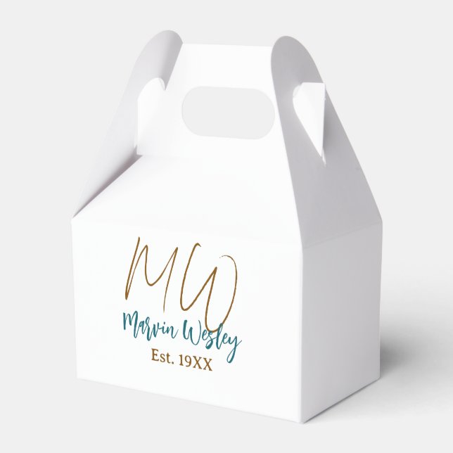 Monogram brown blue turquoise est.year simple mini favour box (Front Side)