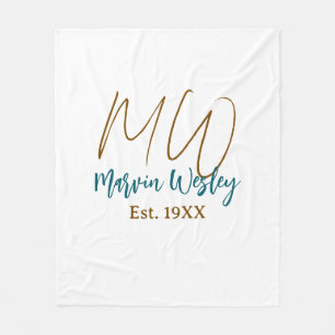 Monogram brown blue turquoise est.year simple mini fleece blanket