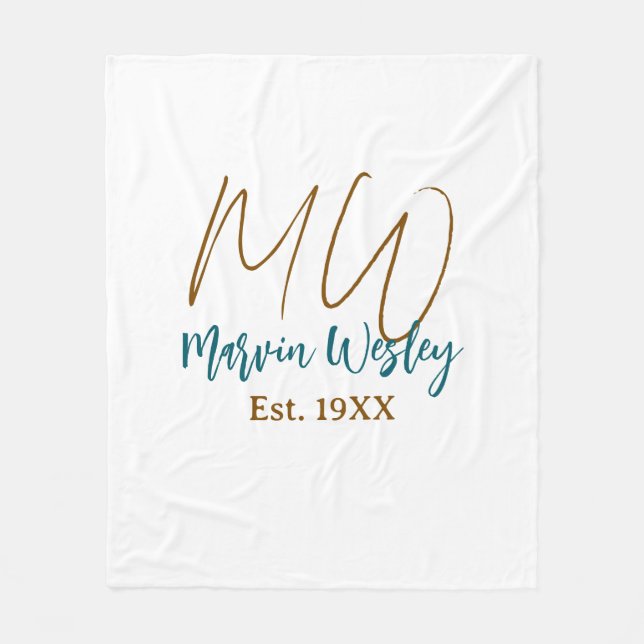 Monogram brown blue turquoise est.year simple mini fleece blanket (Front)