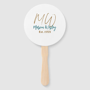 Monogram brown blue turquoise est.year simple mini hand fan