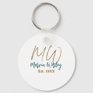 Monogram brown blue turquoise est.year simple mini key ring