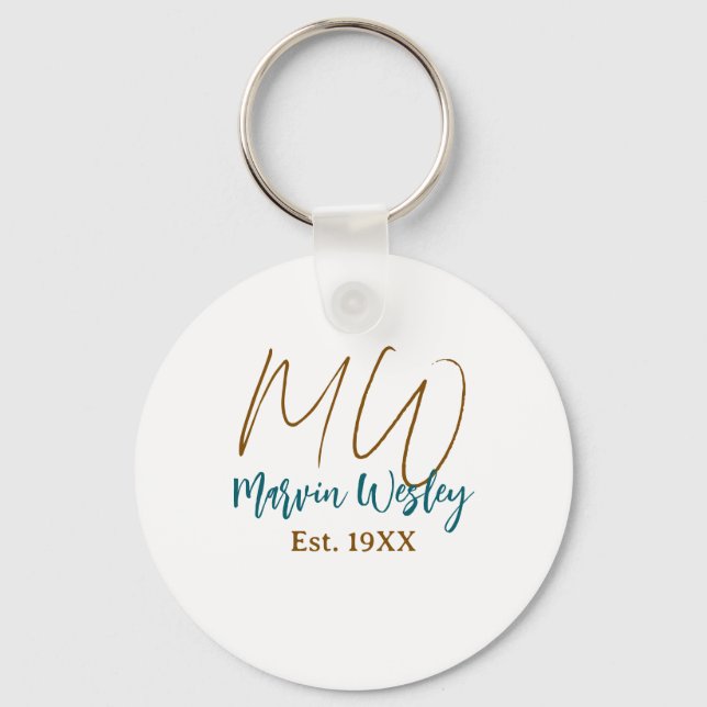 Monogram brown blue turquoise est.year simple mini key ring (Front)