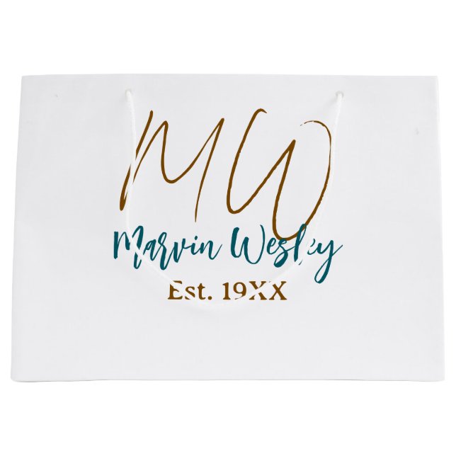 Monogram brown blue turquoise est.year simple mini large gift bag (Front)