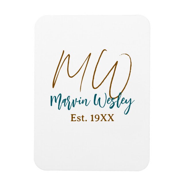 Monogram brown blue turquoise est.year simple mini magnet (Vertical)