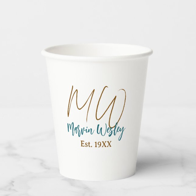 Monogram brown blue turquoise est.year simple mini paper cups (Front)
