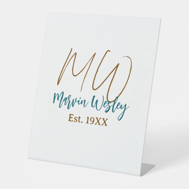 Monogram brown blue turquoise est.year simple mini pedestal sign (Front)