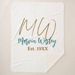 Monogram brown blue turquoise est.year simple mini sherpa blanket