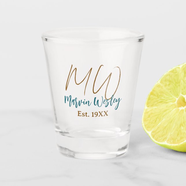 Monogram brown blue turquoise est.year simple mini shot glass (Front)