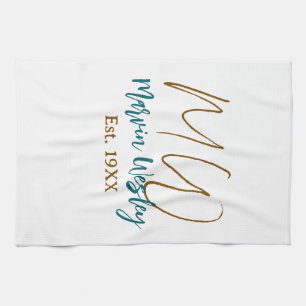 Monogram brown blue turquoise est.year simple mini tea towel