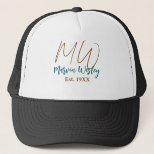 Monogram brown blue turquoise est.year simple mini trucker hat