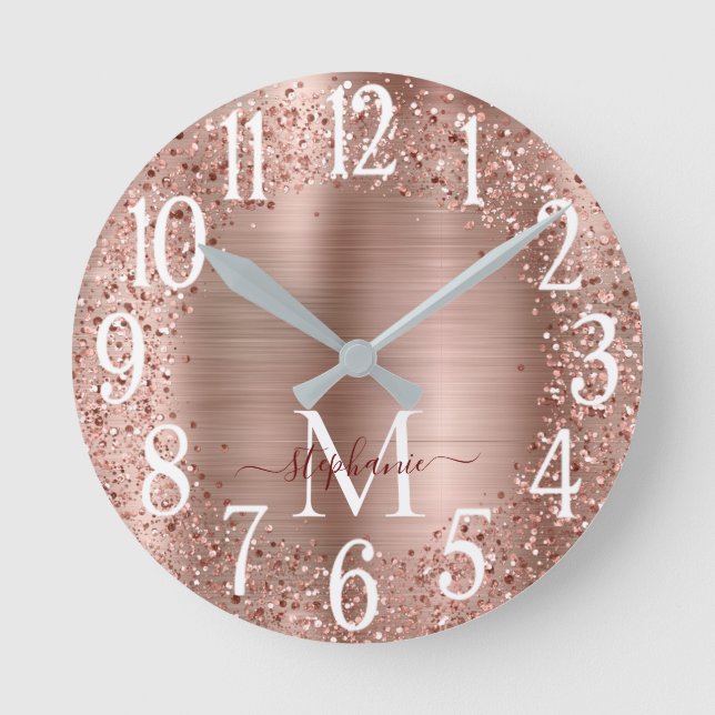 Monogram Brown Faux-Glitter Girly Glam Watch Round Clock (Front)