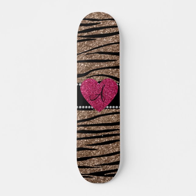 Monogram brown glitter zebra stripes pink heart skateboard (Front)