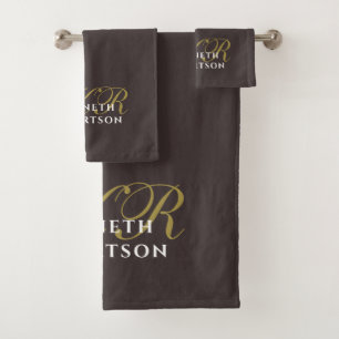Monogram Brown Gold White Minimalist Elegant Men  Bath Towel Set