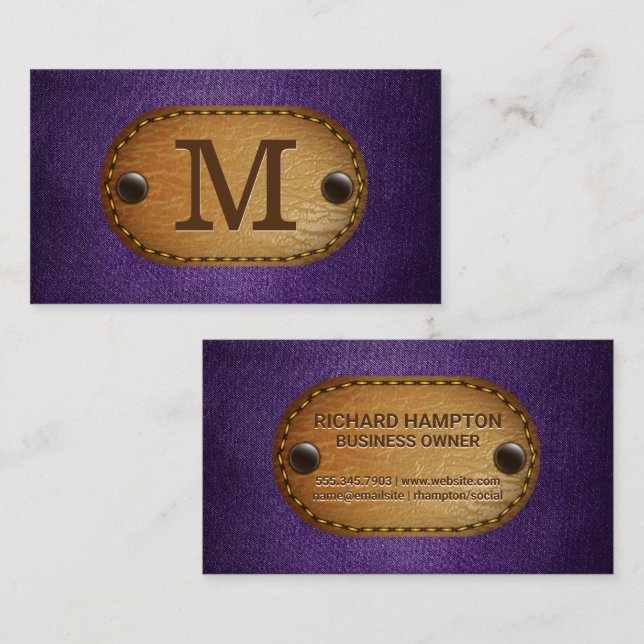 Monogram | Brown Leather | Purple Fabric Business Card (Front/Back)