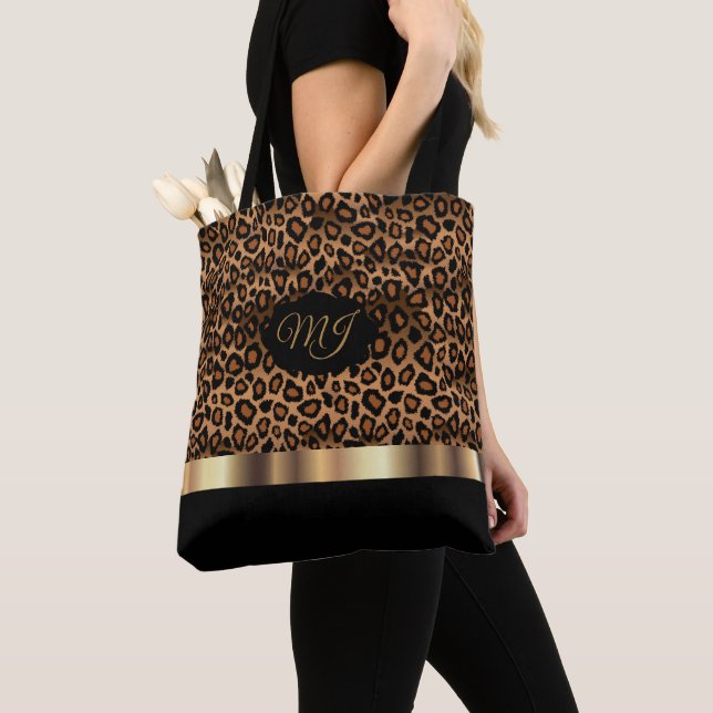 Monogram Brown Leopard Pattern Tote Bag (Close Up)