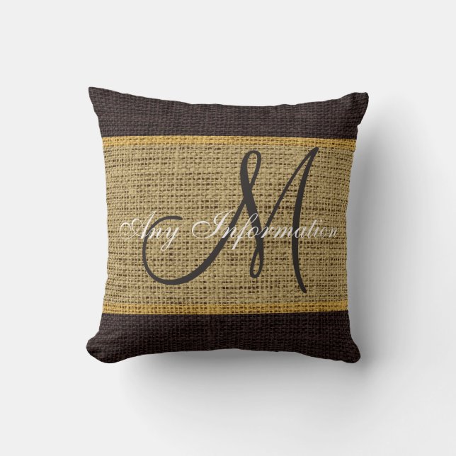 Monogram Brown Rustic Burlap Jute Cushion (Front)