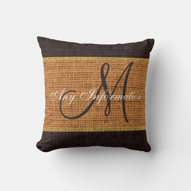 Monogram Brown Rustic Burlap Jute Cushion (Front)
